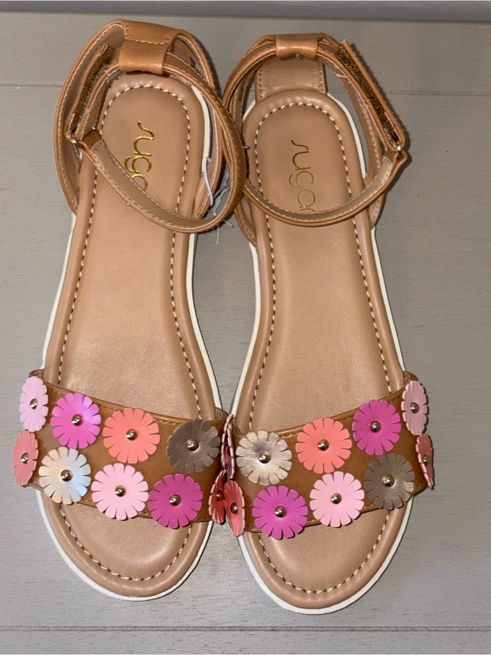 Sugar Tan Floral Appliqué Ankle-Strap Sandals with Pink and Coral Flowers